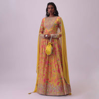 Mustard Yellow Anarkali In Chinon With Floral Embroidery