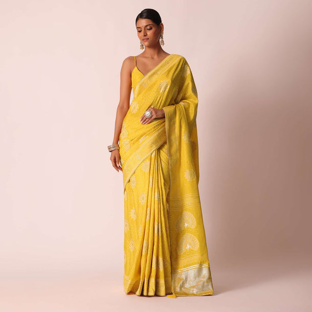 Mustard Yellow Banarasi Bandhani Saree With Zari Work And Unstitched Blouse Piece