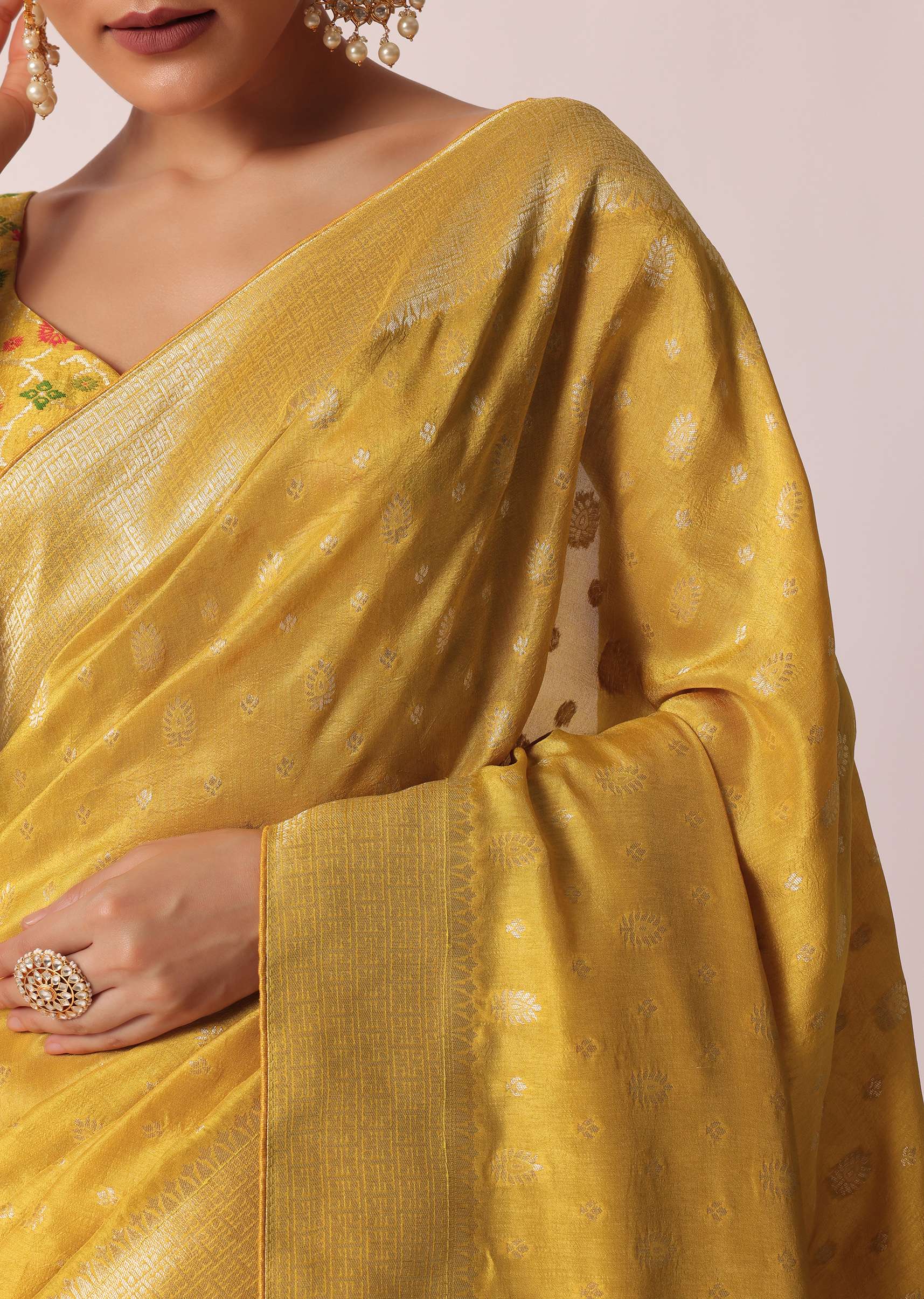 Mustard yellow Banarasi silk handloom saree