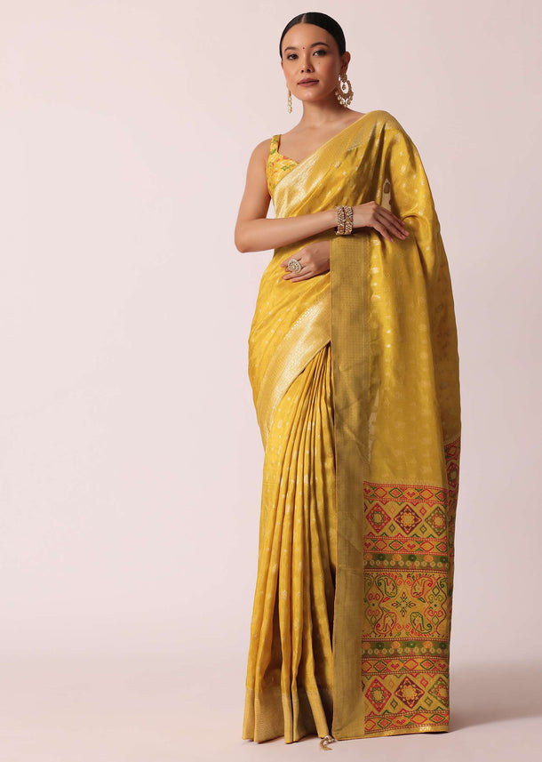 Mustard Yellow Banarasi Silk Handloom Saree With Meenakari Weave And Unstitched Blouse Piece