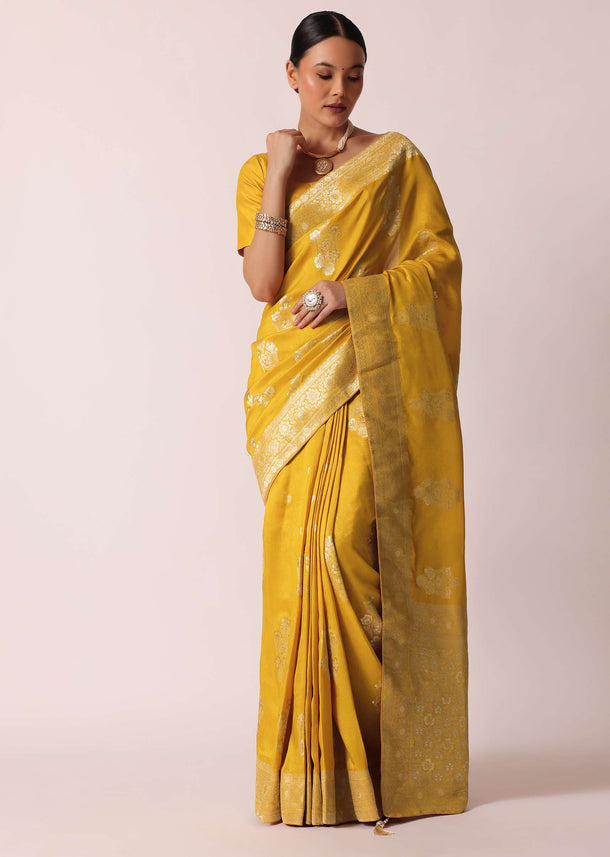 Mustard Yellow Banarasi Silk Saree With Zari Floral Motifs And Unstitched Blouse Piece