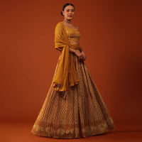 Mustard Yellow Bandhani Printed Lehenga And Blouse Set In Silk