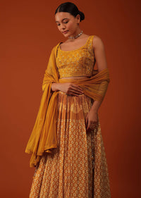 Mustard Yellow Bandhani Printed Lehenga And Blouse Set In Silk