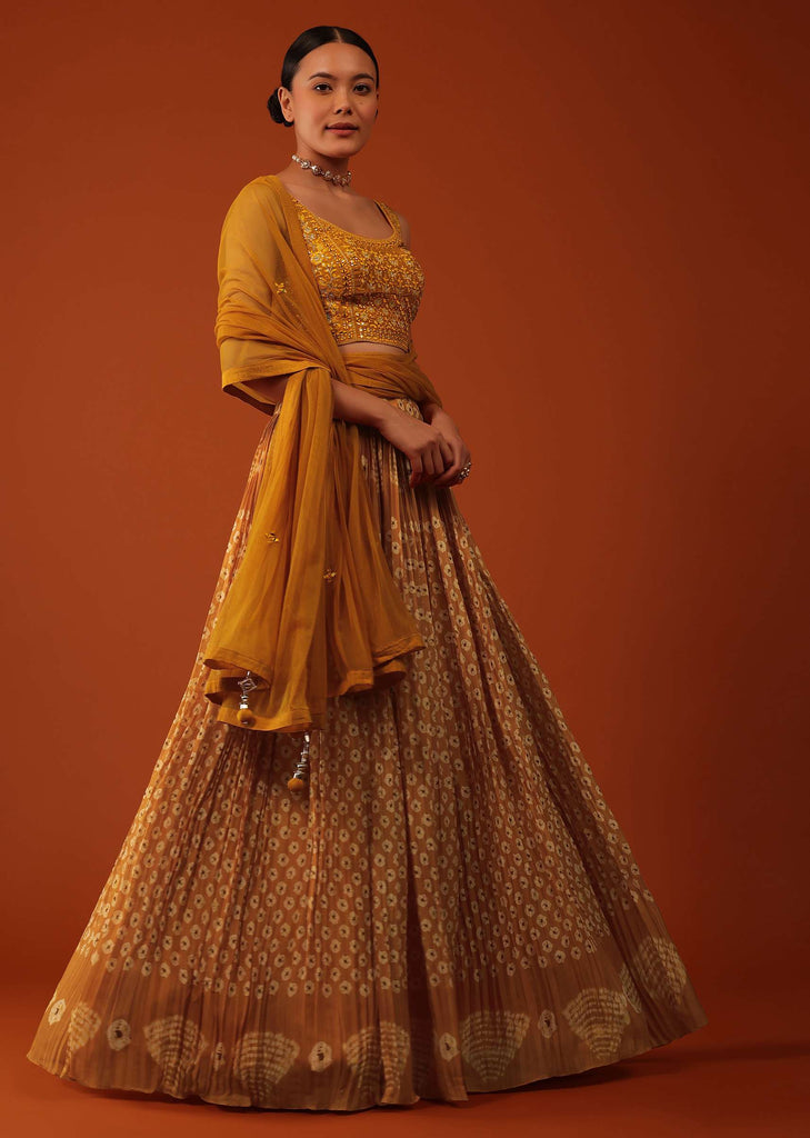 Mustard Yellow Bandhani Printed Lehenga And Blouse Set In Silk