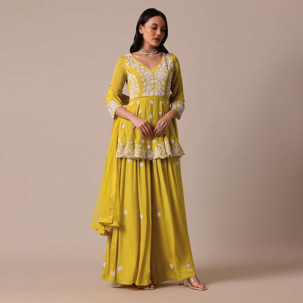 Mustard Yellow Chiffon Kurta Palazzo Set