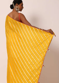 Mustard Yellow Dola Silk Saree With Diagonal Lurex Zari Stripes And Unstitched Blouse Fabric