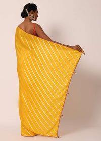 Mustard Yellow Dola Silk Saree With Diagonal Lurex Zari Stripes And Unstitched Blouse Fabric