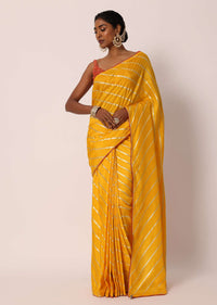 Mustard Yellow Dola Silk Saree With Diagonal Lurex Zari Stripes And Unstitched Blouse Fabric