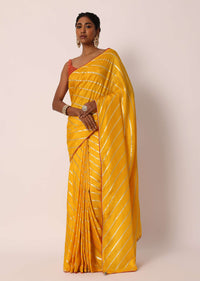 Mustard Yellow Dola Silk Saree With Diagonal Lurex Zari Stripes And Unstitched Blouse Fabric