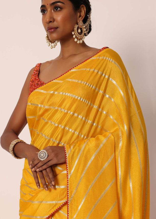 Mustard Yellow Dola Silk Saree With Diagonal Lurex Zari Stripes And Unstitched Blouse Fabric