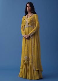 Mustard Yellow Embroidered Indowestern Dress And Cape In Georgette