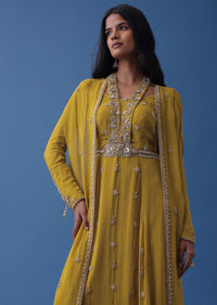 Mustard Yellow Embroidered Indowestern Dress And Cape In Georgette