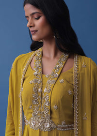 Mustard Yellow Embroidered Indowestern Dress And Cape In Georgette