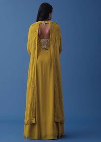 Mustard Yellow Embroidered Indowestern Dress And Cape In Georgette