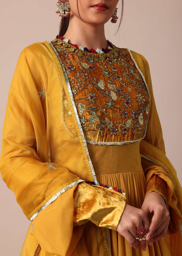 Mustard Yellow Embroidered Anarkali With Organza Dupatta