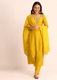 Mustard Yellow Embroidered Chanderi Kurta Set With Dupatta