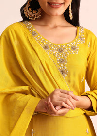 Mustard Yellow Embroidered Chanderi Kurta Set With Dupatta