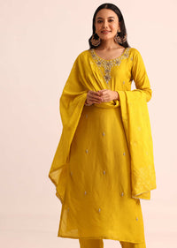 Mustard Yellow Embroidered Chanderi Kurta Set With Dupatta