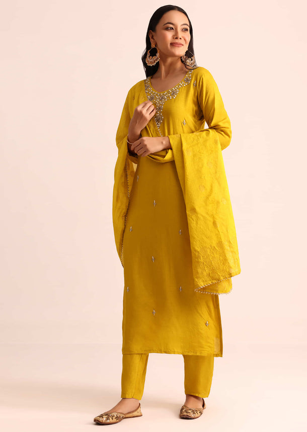 Mustard Yellow Embroidered Chanderi Kurta Set With Dupatta