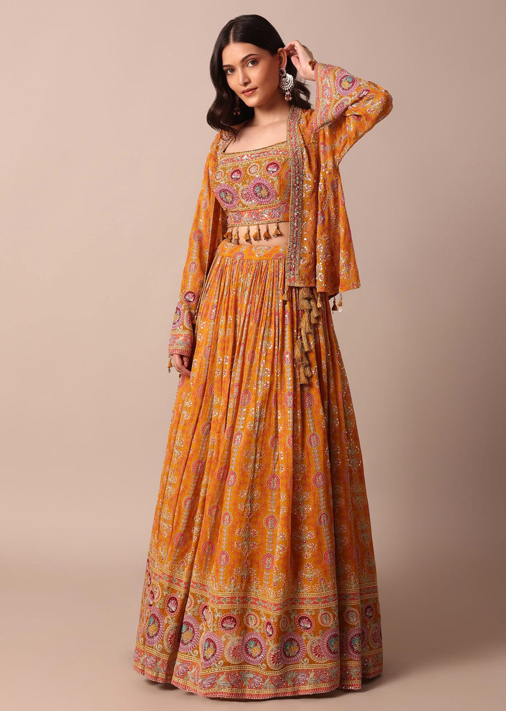 Mustard Yellow Embroidered Choli With Printed Jacket And Lehenga