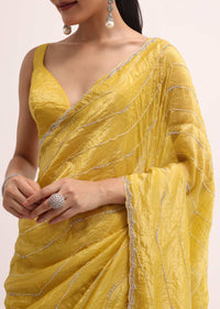 Mustard Yellow Embroidered Crepe Saree With Unstitched Blouse