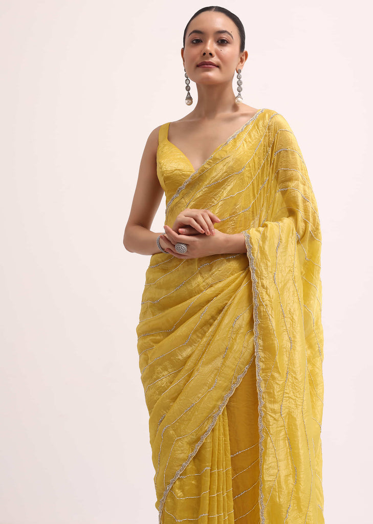 Mustard Yellow Embroidered Crepe Saree With Unstitched Blouse