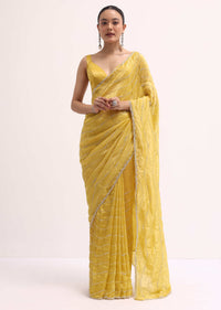 Mustard Yellow Embroidered Crepe Saree With Unstitched Blouse