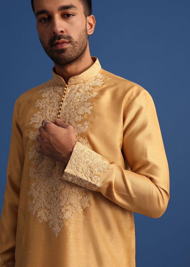 Mustard Yellow Embroidered Kurta Set With Resham Work