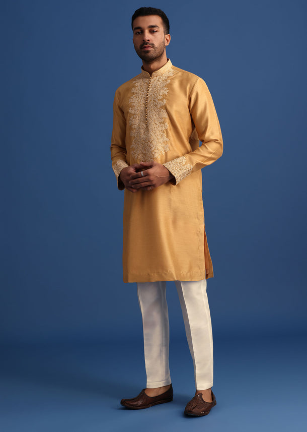 Mustard Yellow Embroidered Kurta Set With Resham Work