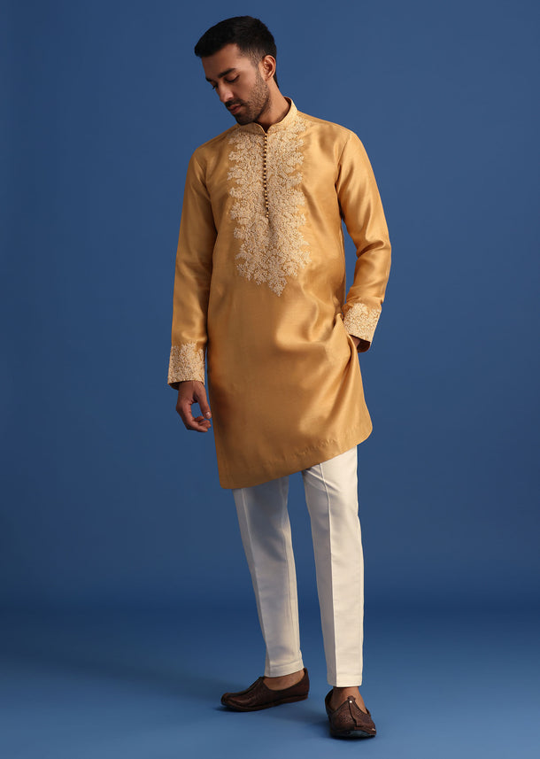 Mustard Yellow Embroidered Kurta Set With Resham Work