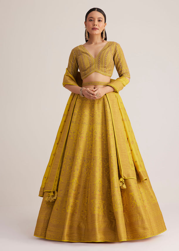 Mustard Yellow Embroidered Lehenga Set With Matching Dupatta