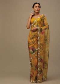 Mustard Yellow Embroidered Saree In Organza With Vibrant Floral Print