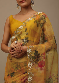 Mustard Yellow Embroidered Saree In Organza With Vibrant Floral Print