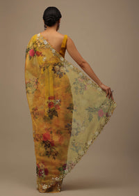 Mustard Yellow Embroidered Saree In Organza With Vibrant Floral Print