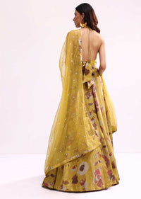 Mustard Yellow Embroidered Tissue Lehenga Choli Set