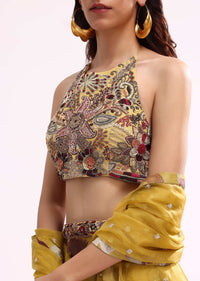 Mustard Yellow Embroidered Tissue Lehenga Choli Set