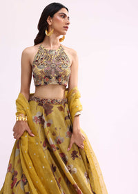 Mustard Yellow Embroidered Tissue Lehenga Choli Set