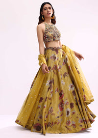 Mustard Yellow Embroidered Tissue Lehenga Choli Set