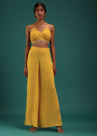 Mustard Yellow Floral Printed Crop Top And Palazzo Set With Cape In Georgette