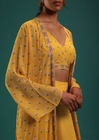 Mustard Yellow Floral Printed Crop Top And Palazzo Set With Cape In Georgette