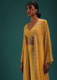 Mustard Yellow Floral Printed Crop Top And Palazzo Set With Cape In Georgette