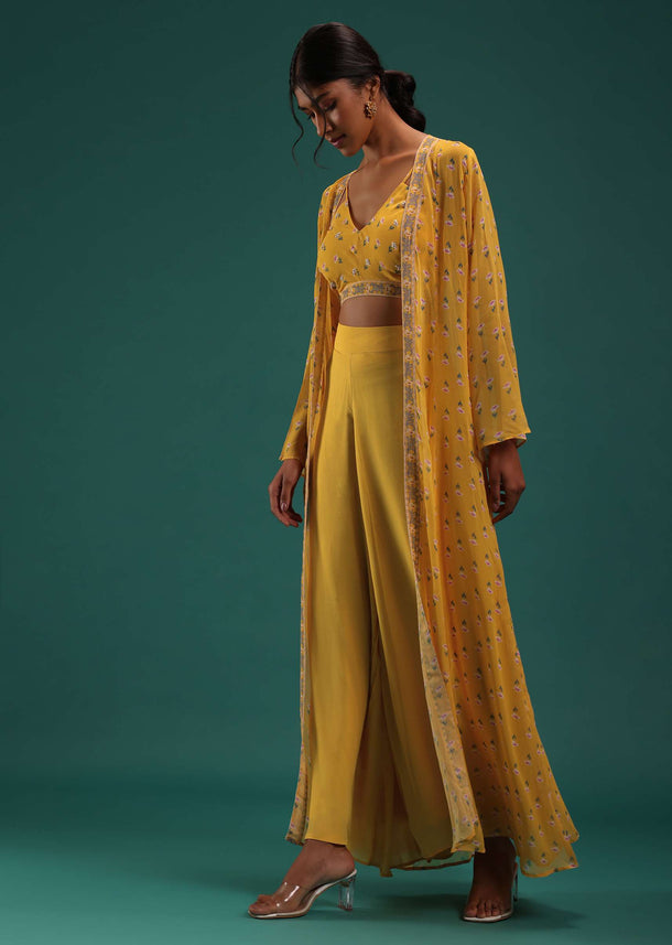 Mustard Yellow Floral Printed Crop Top And Palazzo Set With Cape In Georgette