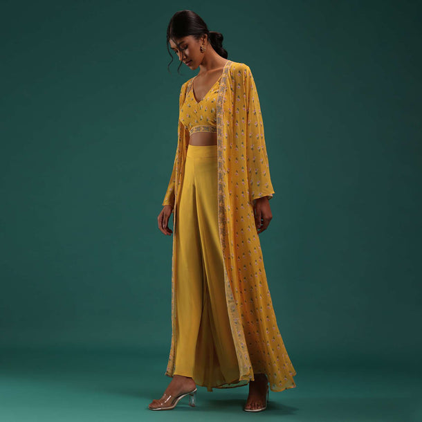 Mustard Yellow Floral Printed Crop Top And Palazzo Set With Cape In Georgette