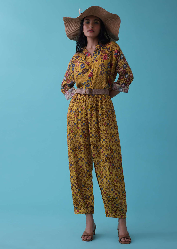 Mustard Yellow Floral Printed Co-ord Set In Mul Cotton With Sequins Embroidery - RE By Kalki