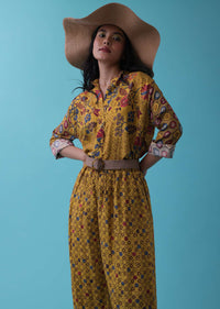 Mustard Yellow Floral Printed Co-ord Set In Mul Cotton With Sequins Embroidery - RE By Kalki