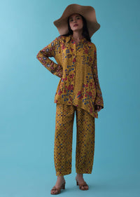 Mustard Yellow Floral Printed Co-ord Set In Mul Cotton With Sequins Embroidery - RE By Kalki