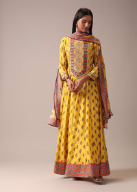 Mustard Yellow Floral Printed Anarkali Suit Set In Art Silk