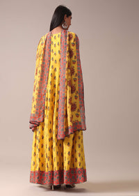 Mustard Yellow Floral Printed Anarkali Suit Set In Art Silk