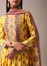 Mustard Yellow Floral Printed Anarkali Suit Set In Art Silk