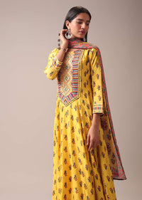 Mustard Yellow Floral Printed Anarkali Suit Set In Art Silk